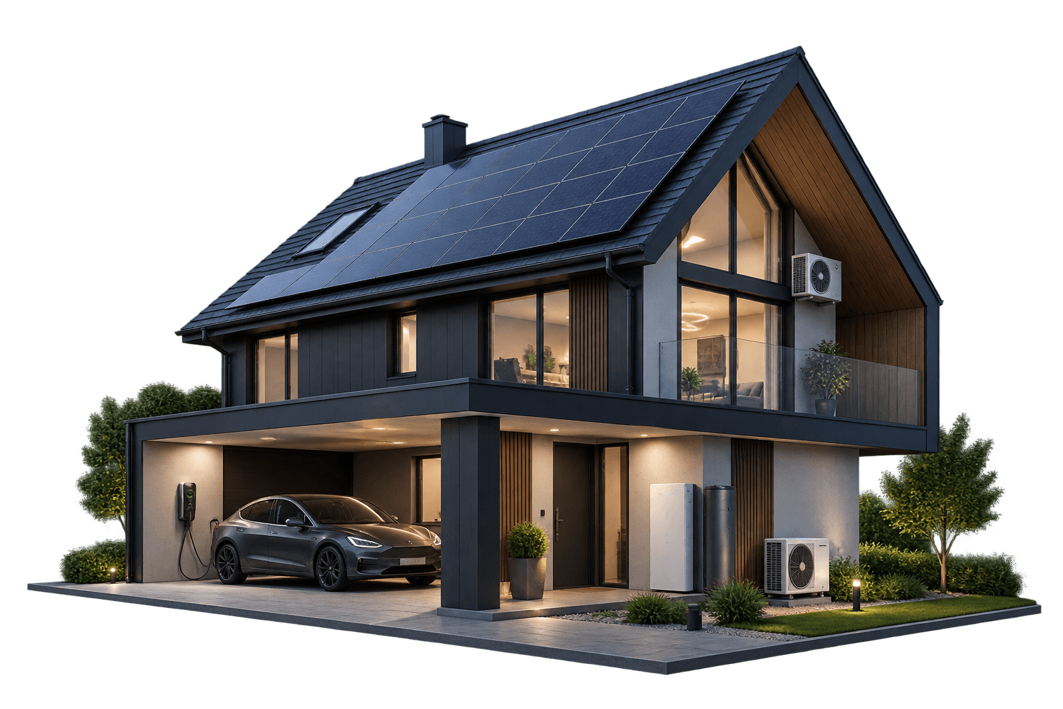 Einfamilienhaus mit Photovoltaik auf dem Dach, Batteriespeicher, Wärmepumpe, Klimagerät und Ladestation