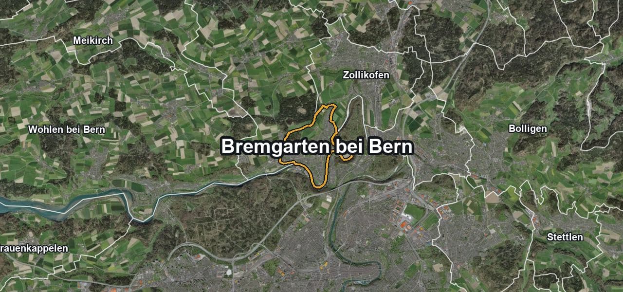 Luftbild von Bremgarten bei Bern mit Gemeindegrenze, Nachbargemeinden und Solareignung der Dächer