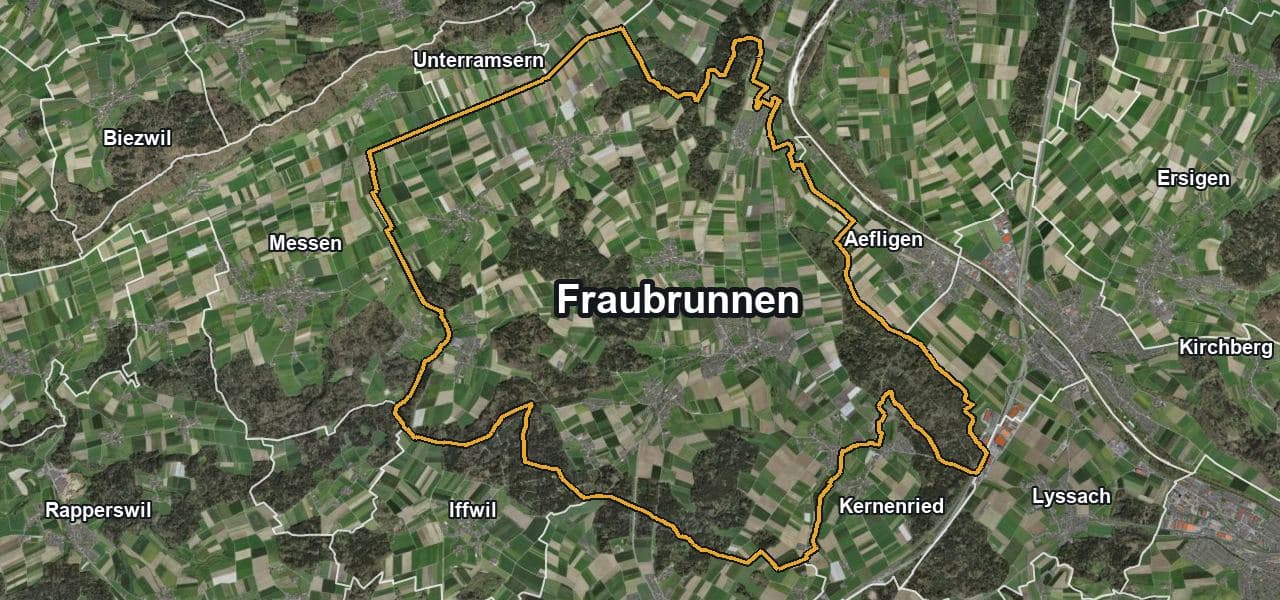 Luftbild von Fraubrunnen mit Gemeindegrenze, Nachbargemeinden und Solareignung der Dächer