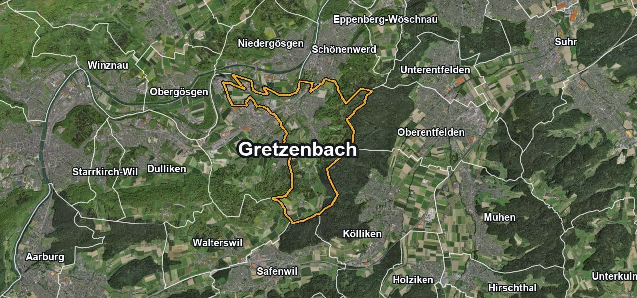 Luftbild von Gretzenbach mit Gemeindegrenze, Nachbargemeinden und Solareignung der Dächer