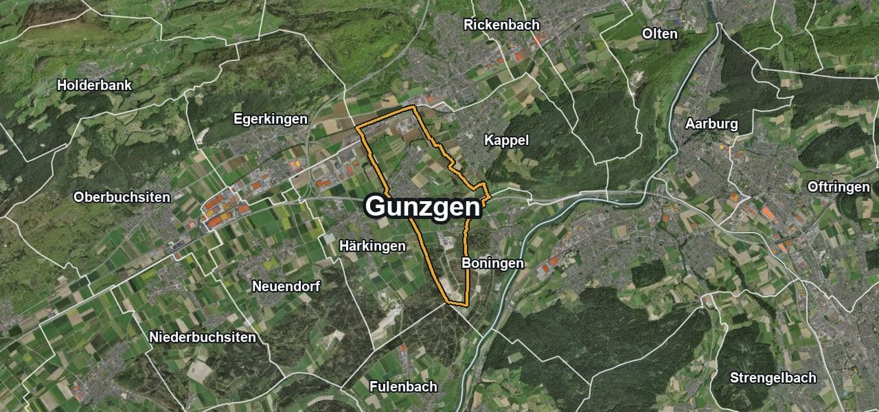 Luftbild von Gunzgen mit Gemeindegrenze, Nachbargemeinden und Solareignung der Dächer