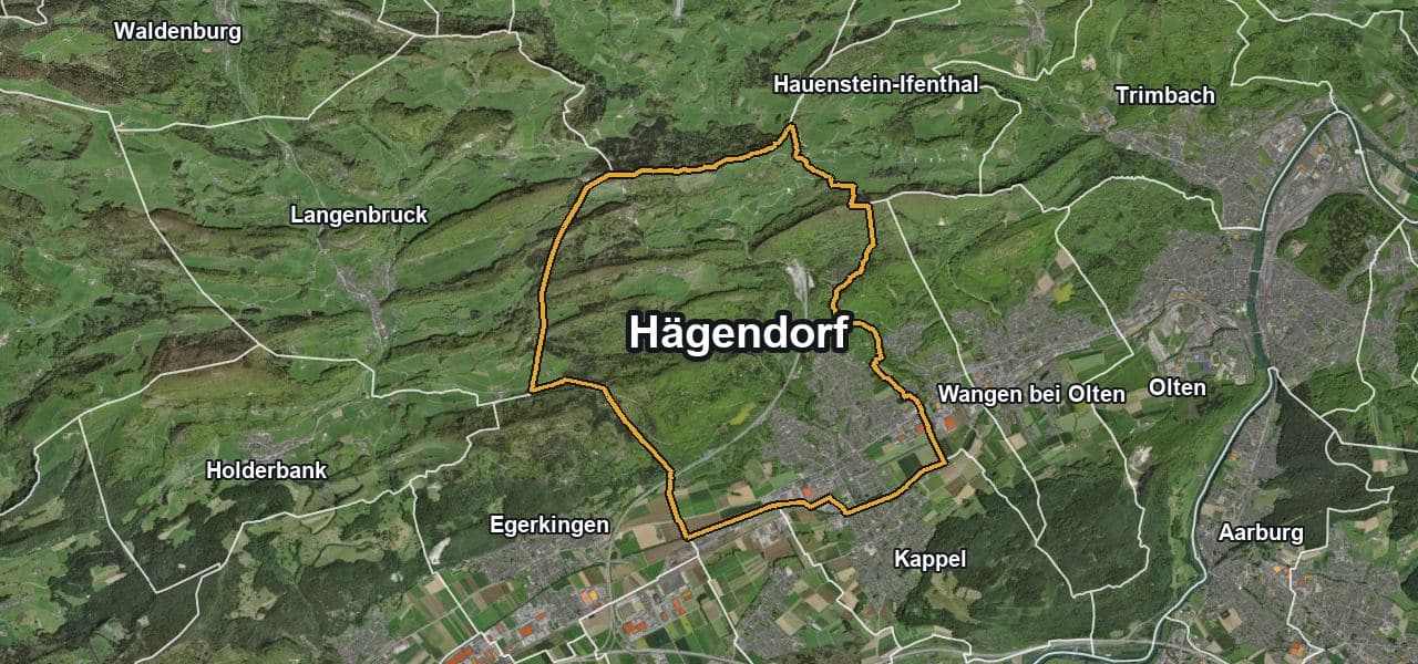 Luftbild von Hägendorf mit Gemeindegrenze, Nachbargemeinden und Solareignung der Dächer