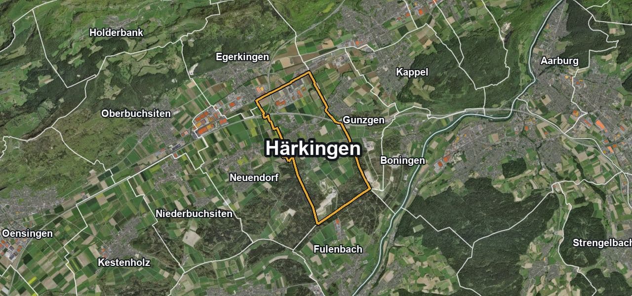 Luftbild von Härkingen mit Gemeindegrenze, Nachbargemeinden und Solareignung der Dächer