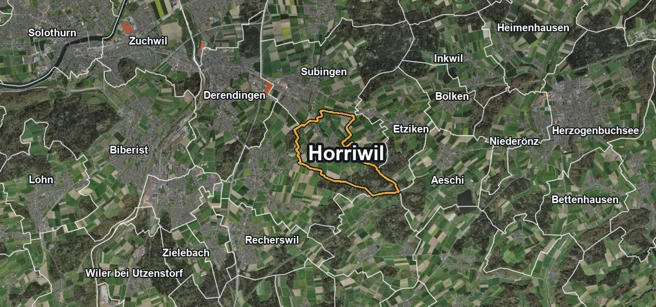 Luftbild von Horriwil mit Gemeindegrenze, Nachbargemeinden und Solareignung der Dächer