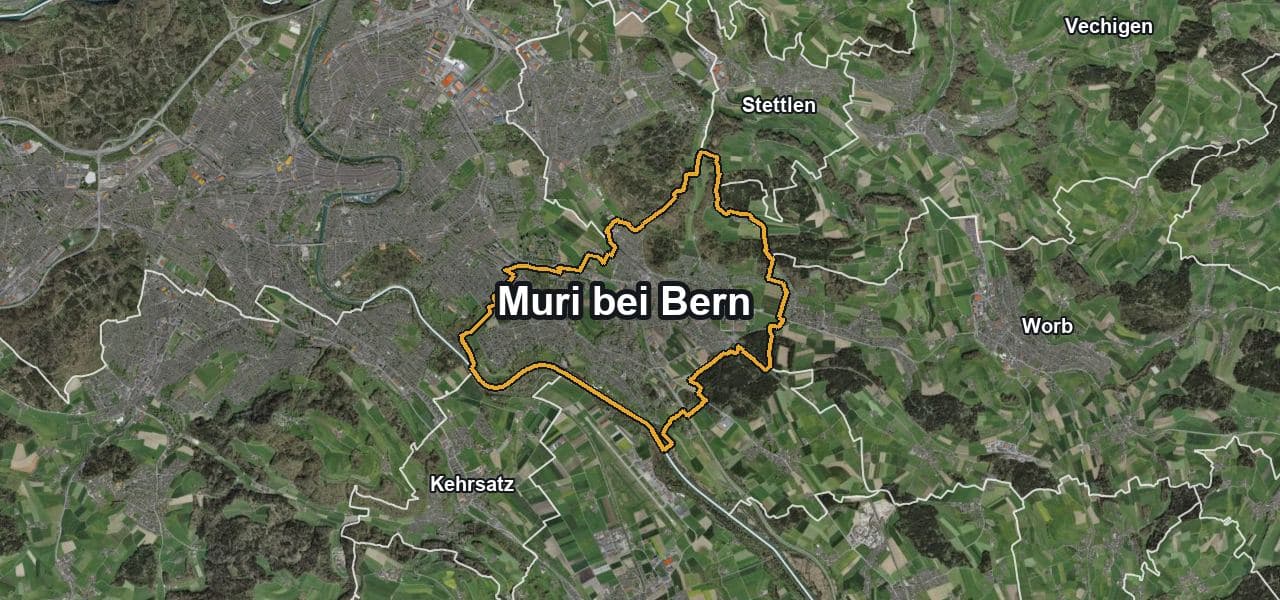 Luftbild von Muri bei Bern mit Gemeindegrenze, Nachbargemeinden und Solareignung der Dächer