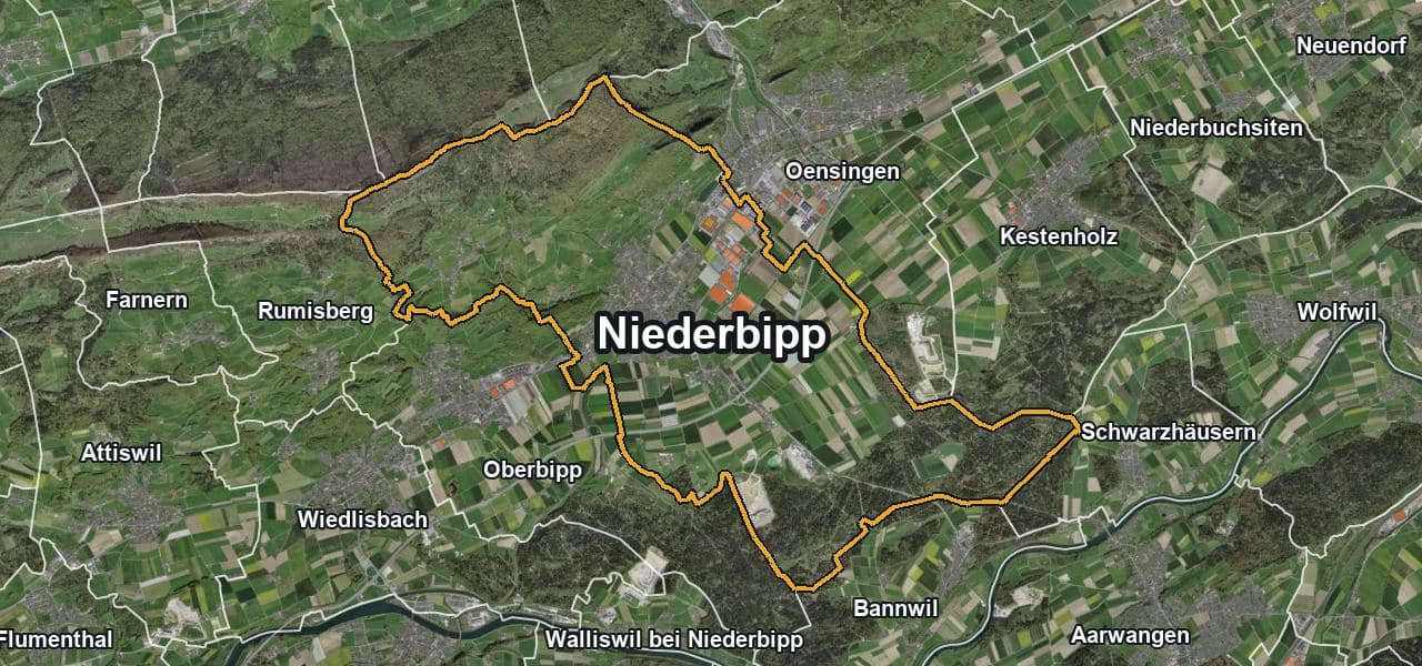Luftbild von Niederbipp mit Gemeindegrenze, Nachbargemeinden und Solareignung der Dächer