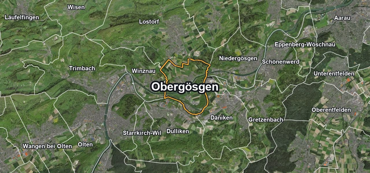 Luftbild von Obergösgen mit Gemeindegrenze, Nachbargemeinden und Solareignung der Dächer