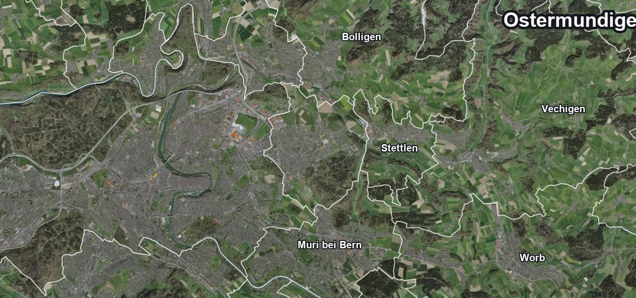 Luftbild von Ostermundigen mit Gemeindegrenze, Nachbargemeinden und Solareignung der Dächer