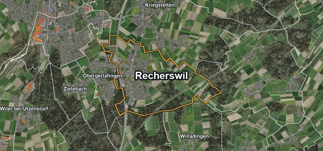 Luftbild von Recherswil mit Gemeindegrenze, Nachbargemeinden und Solareignung der Dächer