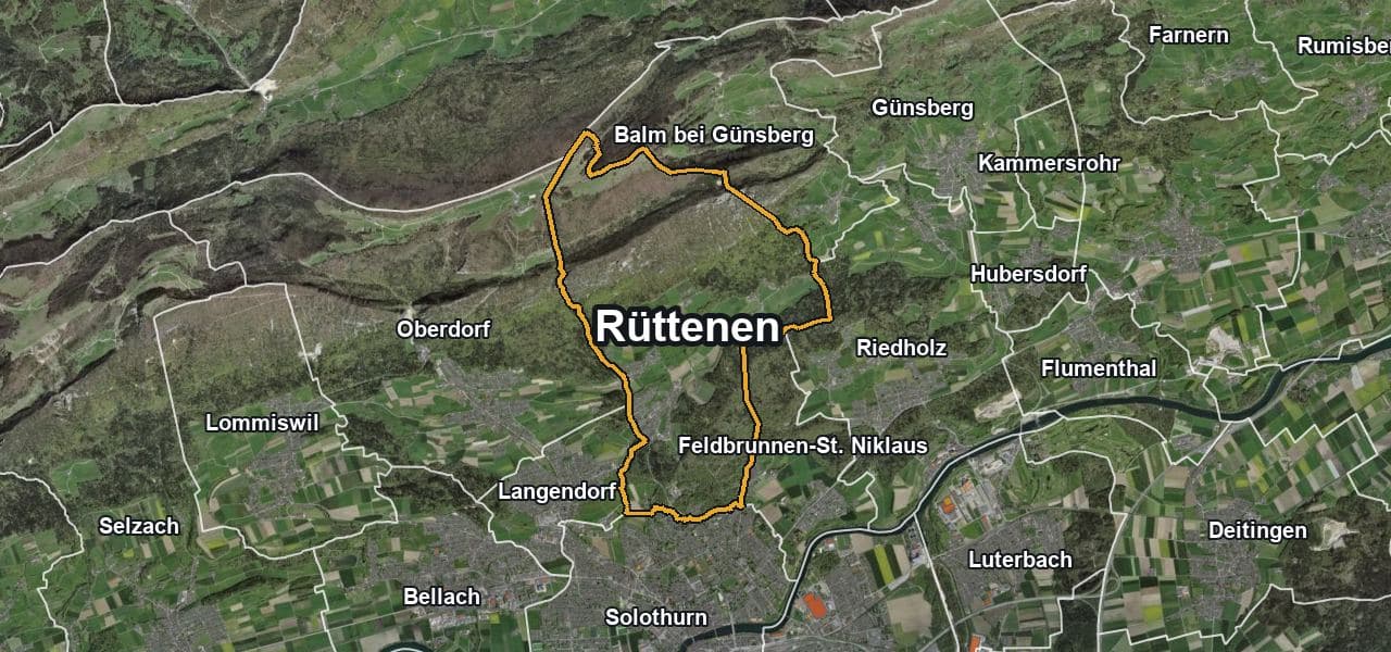 Luftbild von Rüttenen mit Gemeindegrenze, Nachbargemeinden und Solareignung der Dächer