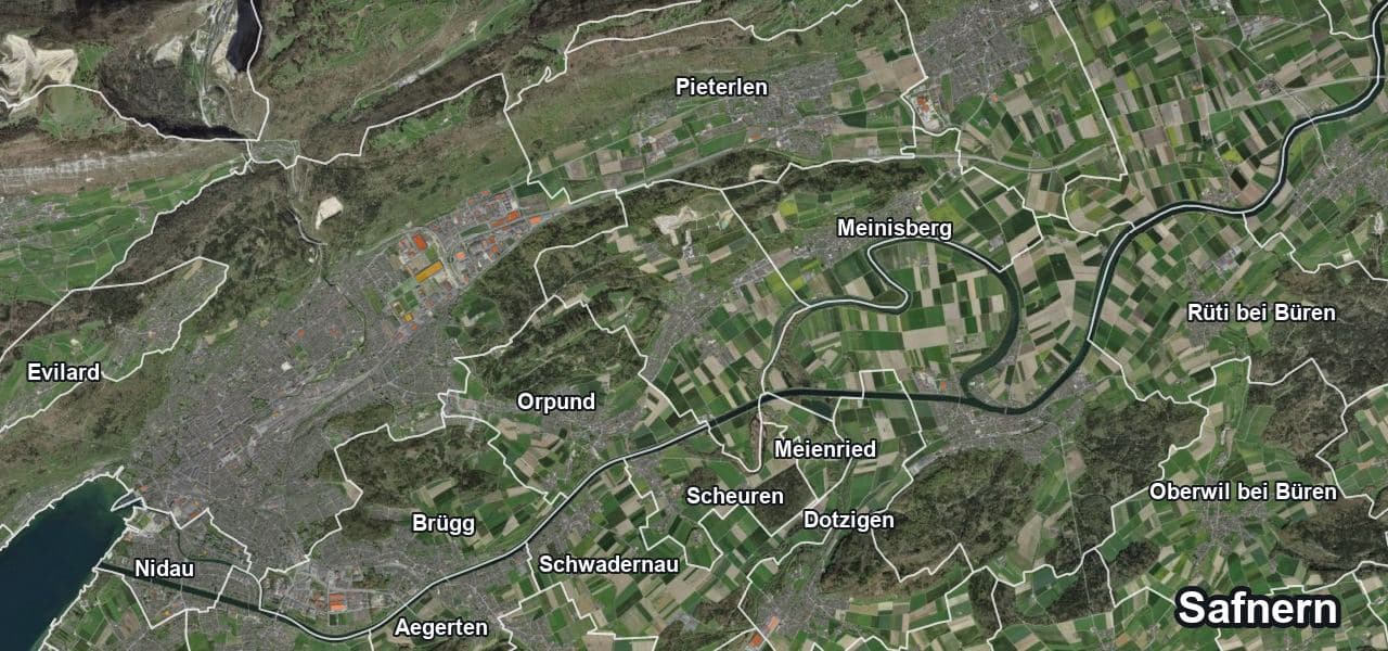 Luftbild von Safnern mit Gemeindegrenze, Nachbargemeinden und Solareignung der Dächer