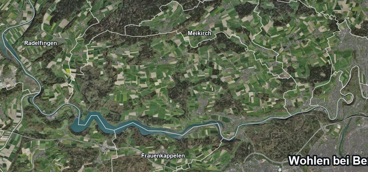 Luftbild von Wohlen bei Bern mit Gemeindegrenze, Nachbargemeinden und Solareignung der Dächer