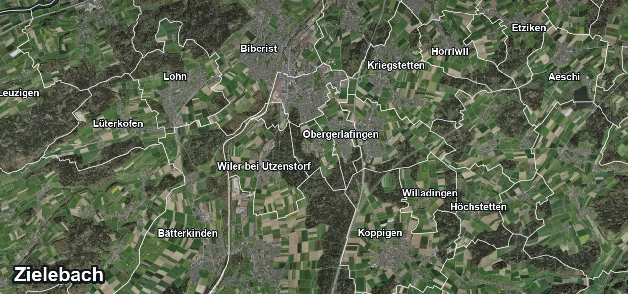 Luftbild von Zielebach mit Gemeindegrenze, Nachbargemeinden und Solareignung der Dächer