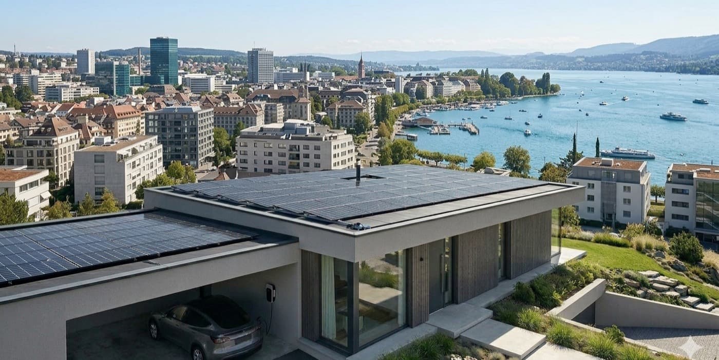 Modernes Flachdachhaus über der Stadt, Photovoltaik auf dem Dach