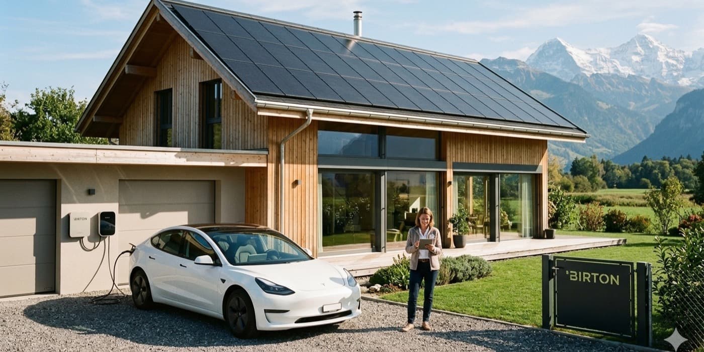 Elektroauto an einer Wallbox neben der Garage, Photovoltaikdach darüber