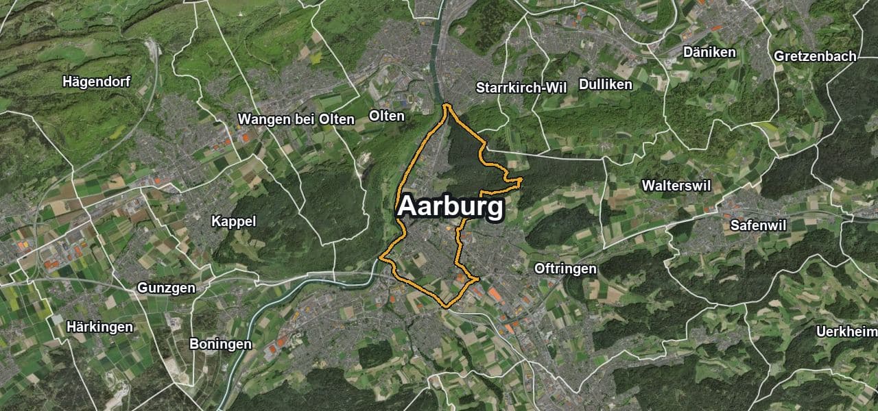 Luftbild von Aarburg mit Gemeindegrenze, Nachbargemeinden und Solareignung der Dächer