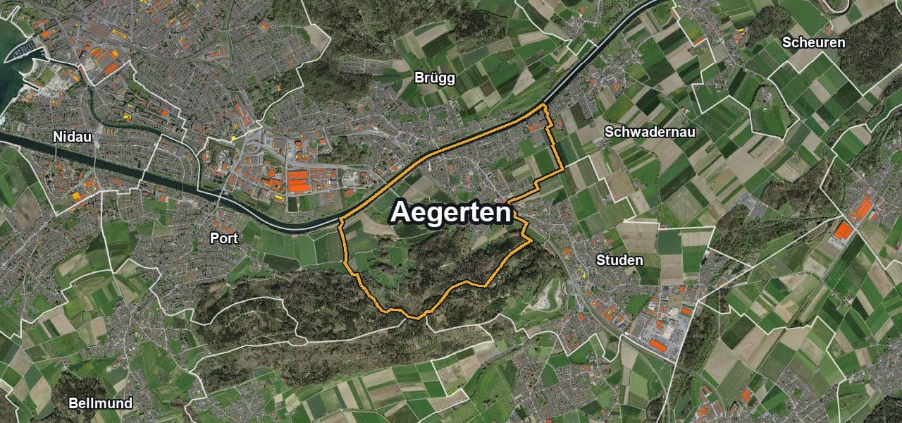 Luftbild von Aegerten mit Gemeindegrenze, Nachbargemeinden und Solareignung der Dächer