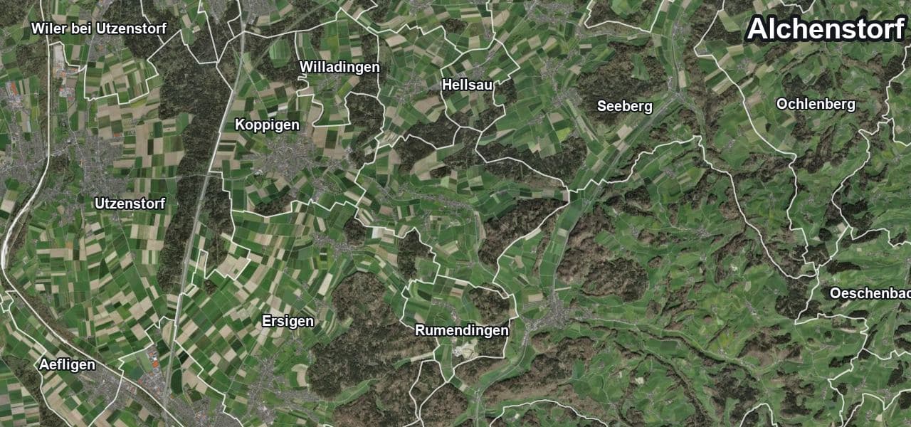 Luftbild von Alchenstorf mit Gemeindegrenze, Nachbargemeinden und Solareignung der Dächer