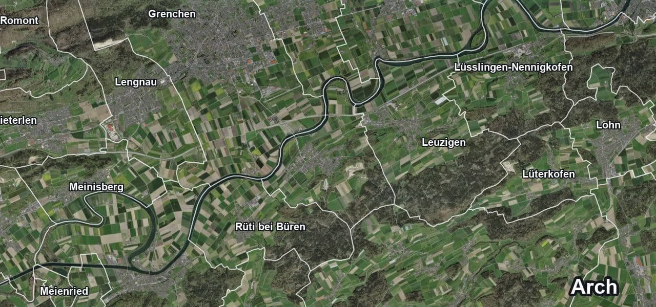 Luftbild von Arch mit Gemeindegrenze, Nachbargemeinden und Solareignung der Dächer