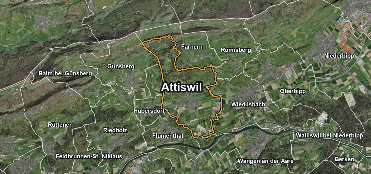 Luftbild von Attiswil mit Gemeindegrenze, Nachbargemeinden und Solareignung der Dächer
