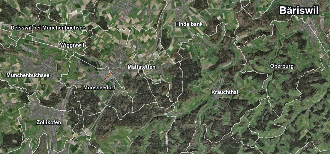 Luftbild von Bäriswil mit Gemeindegrenze, Nachbargemeinden und Solareignung der Dächer