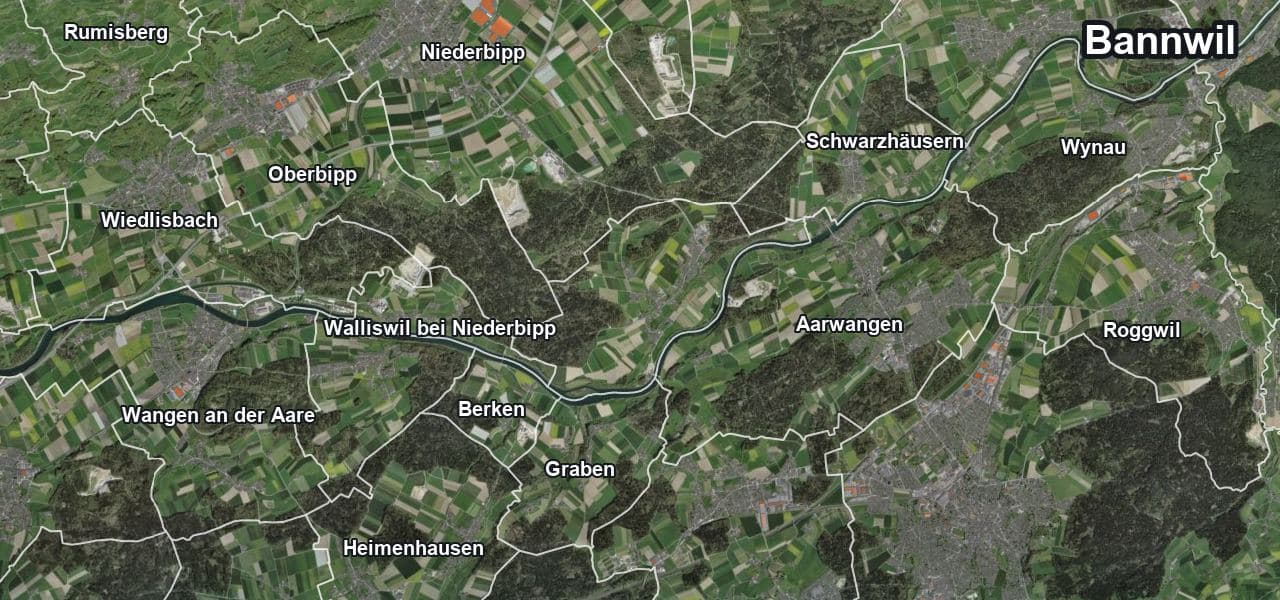 Luftbild von Bannwil mit Gemeindegrenze, Nachbargemeinden und Solareignung der Dächer