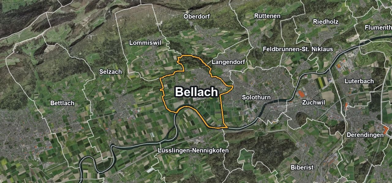 Luftbild von Bellach mit Gemeindegrenze, Nachbargemeinden und Solareignung der Dächer