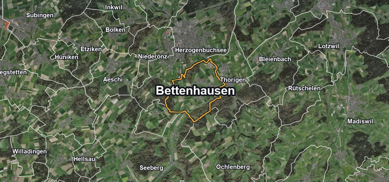 Luftbild von Bettenhausen mit Gemeindegrenze, Nachbargemeinden und Solareignung der Dächer