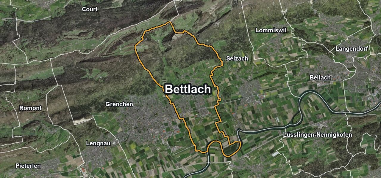 Luftbild von Bettlach mit Gemeindegrenze, Nachbargemeinden und Solareignung der Dächer