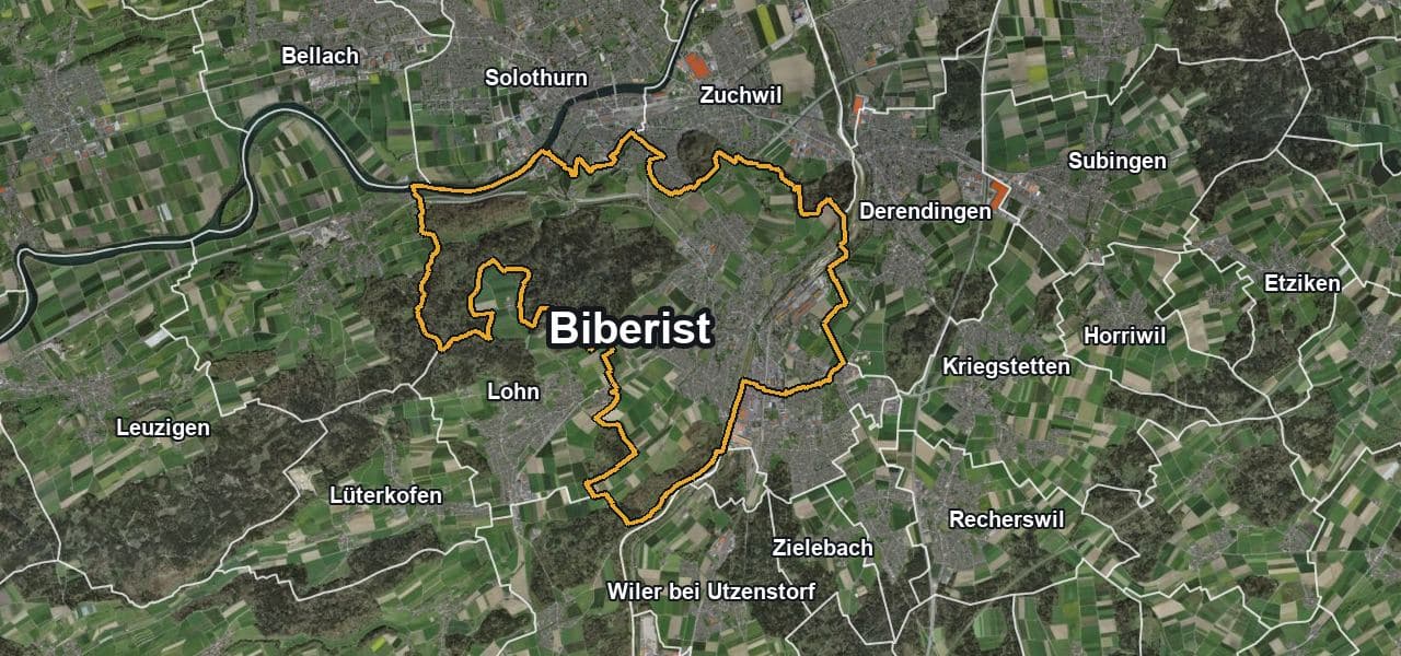 Luftbild von Biberist mit Gemeindegrenze, Nachbargemeinden und Solareignung der Dächer