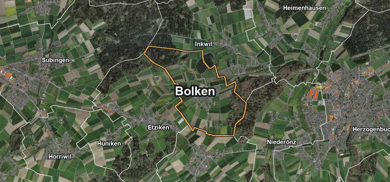 Luftbild von Bolken mit Gemeindegrenze, Nachbargemeinden und Solareignung der Dächer