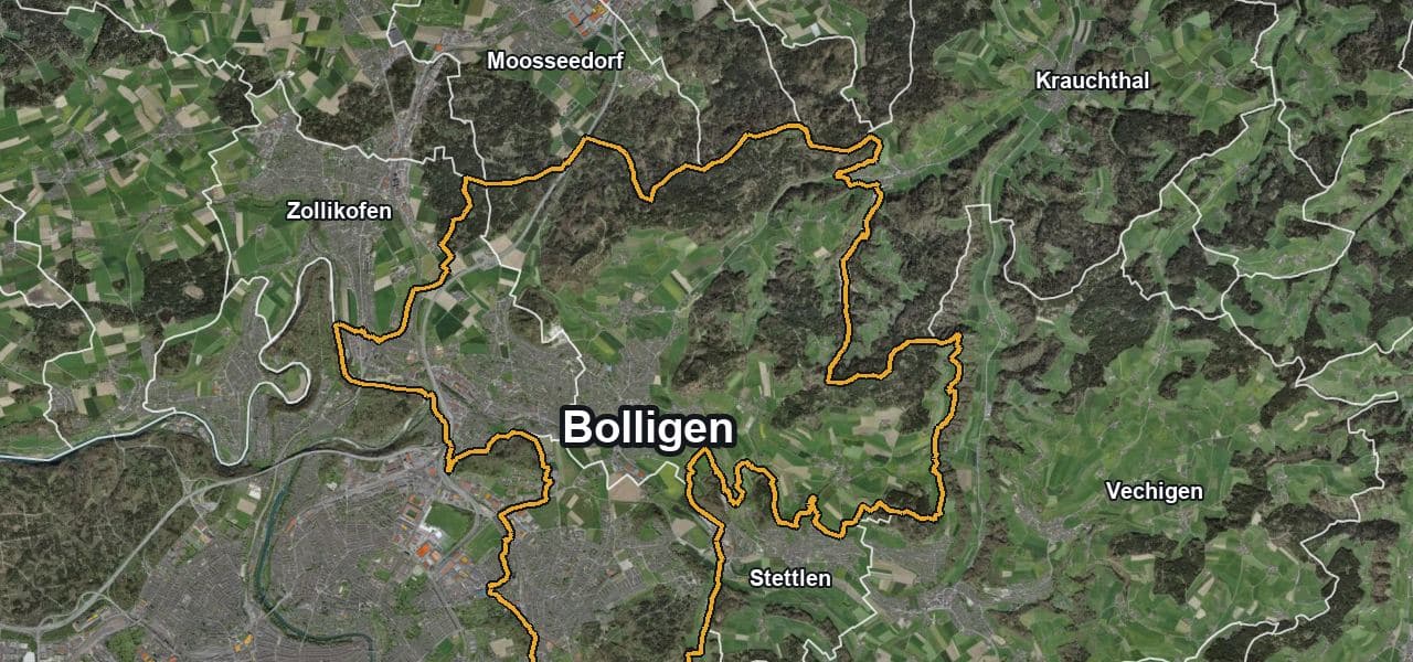 Luftbild von Bolligen mit Gemeindegrenze, Nachbargemeinden und Solareignung der Dächer