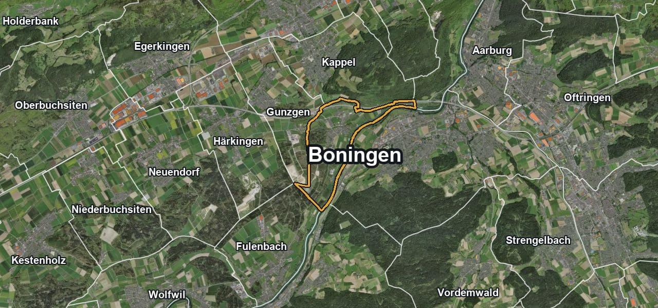 Luftbild von Boningen mit Gemeindegrenze, Nachbargemeinden und Solareignung der Dächer