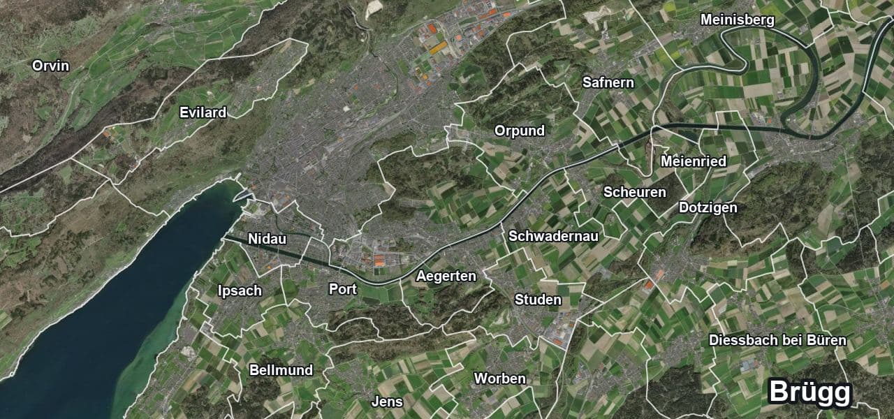 Luftbild von Brügg mit Gemeindegrenze, Nachbargemeinden und Solareignung der Dächer