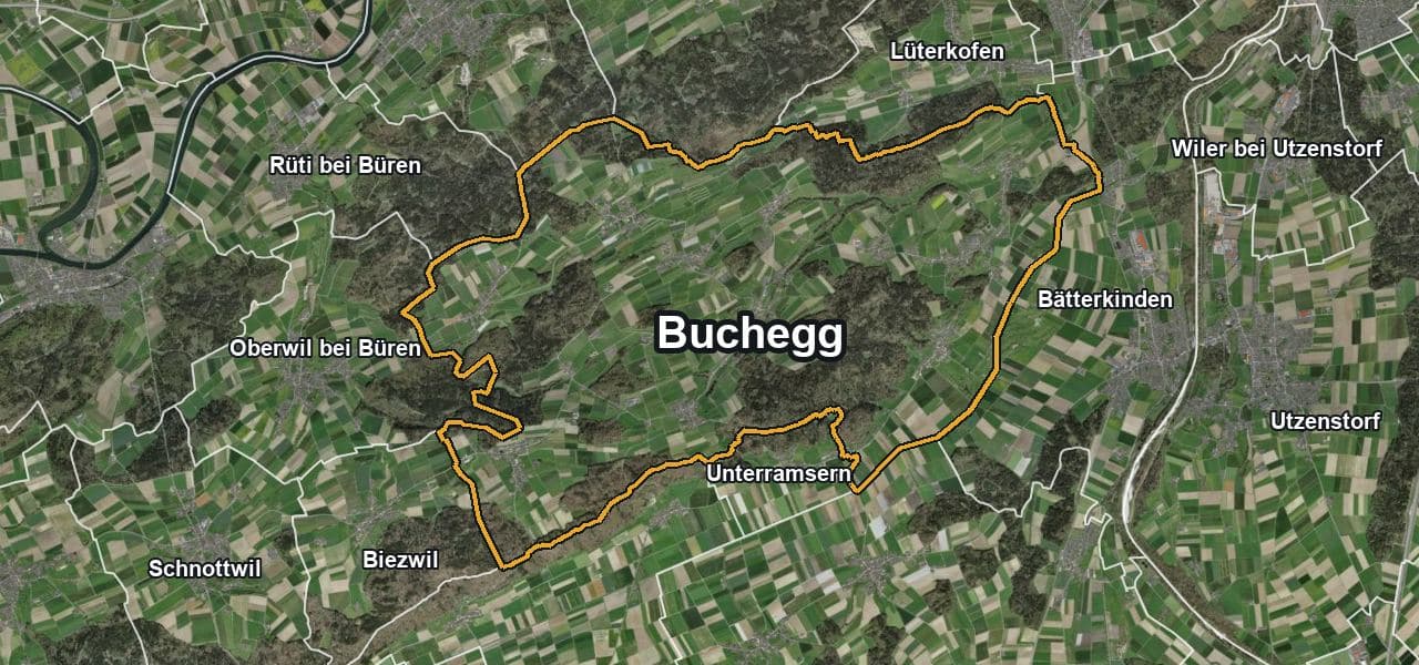 Luftbild von Buchegg mit Gemeindegrenze, Nachbargemeinden und Solareignung der Dächer
