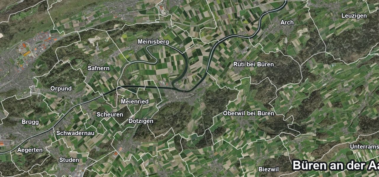Luftbild von Büren an der Aare mit Gemeindegrenze, Nachbargemeinden und Solareignung der Dächer