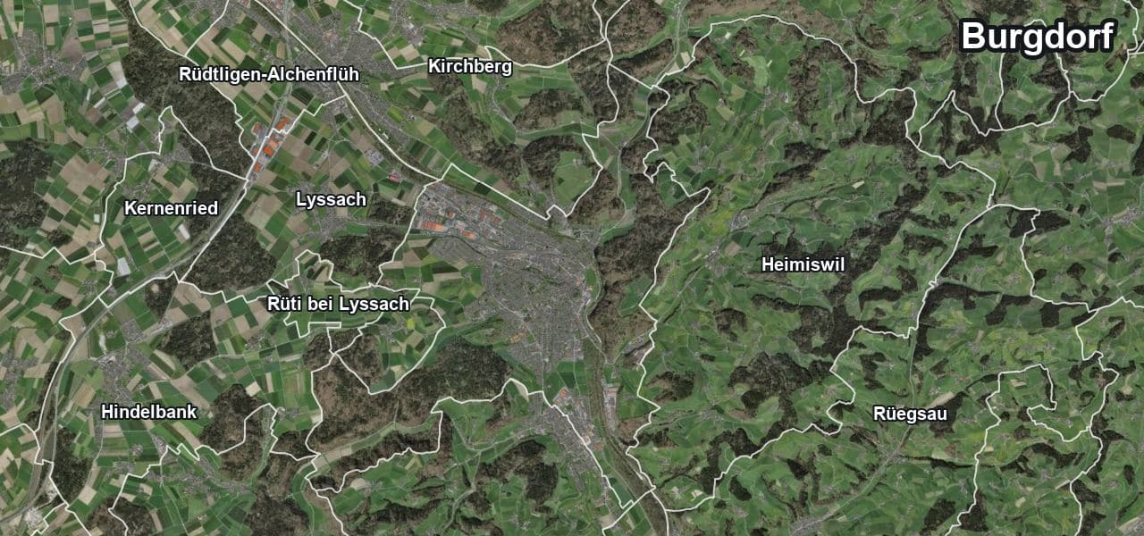 Luftbild von Burgdorf mit Gemeindegrenze, Nachbargemeinden und Solareignung der Dächer
