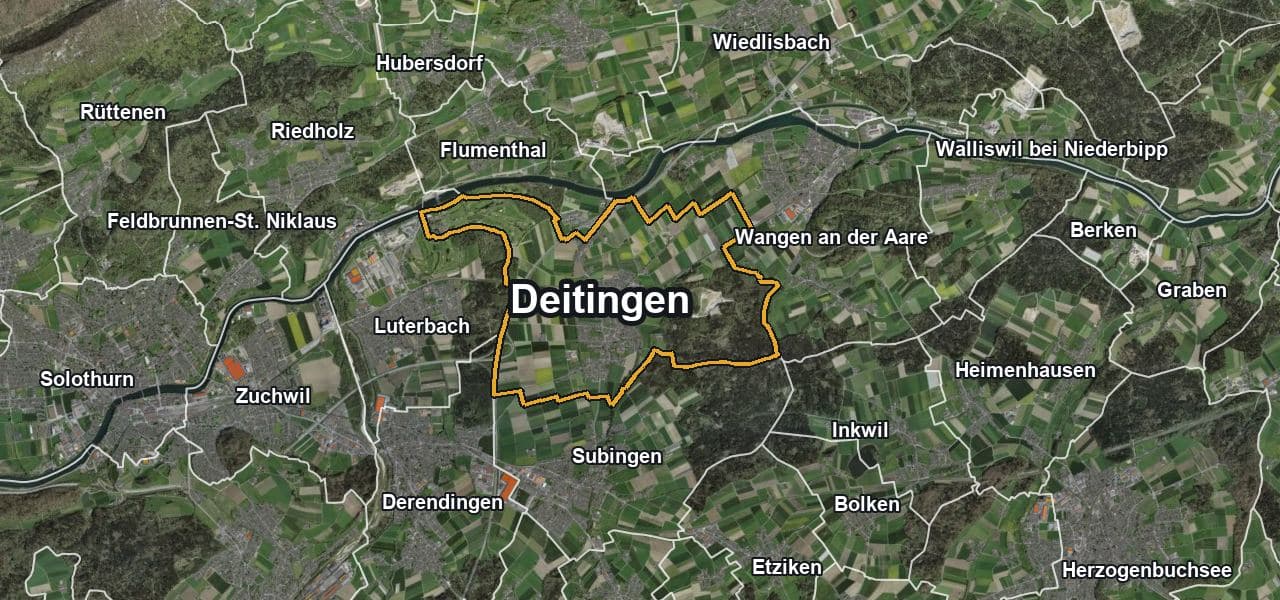 Luftbild von Deitingen mit Gemeindegrenze, Nachbargemeinden und Solareignung der Dächer