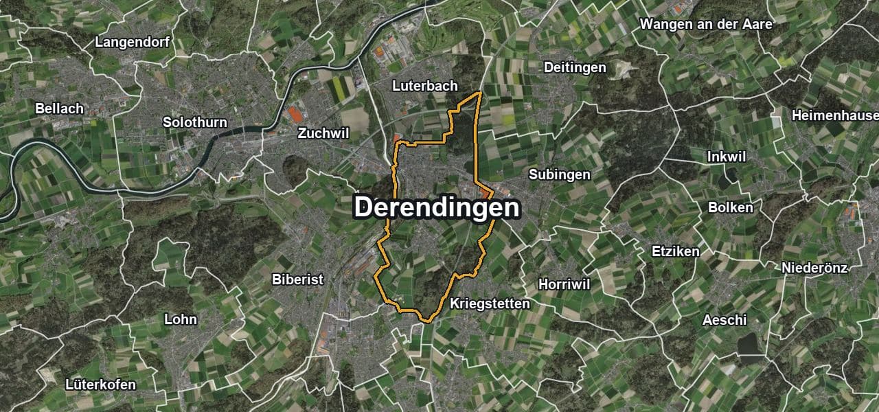 Luftbild von Derendingen mit Gemeindegrenze, Nachbargemeinden und Solareignung der Dächer
