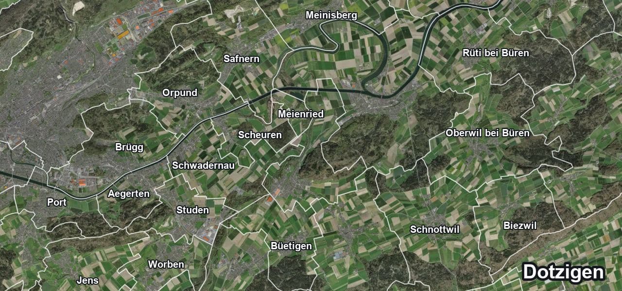 Luftbild von Dotzigen mit Gemeindegrenze, Nachbargemeinden und Solareignung der Dächer