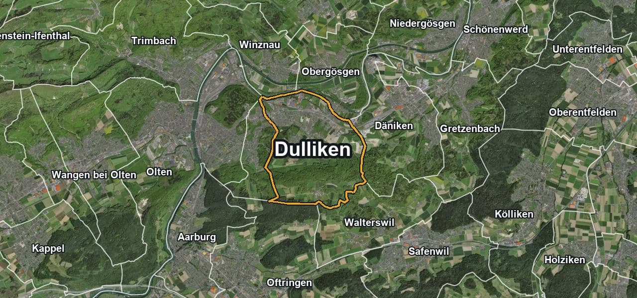 Luftbild von Dulliken mit Gemeindegrenze, Nachbargemeinden und Solareignung der Dächer