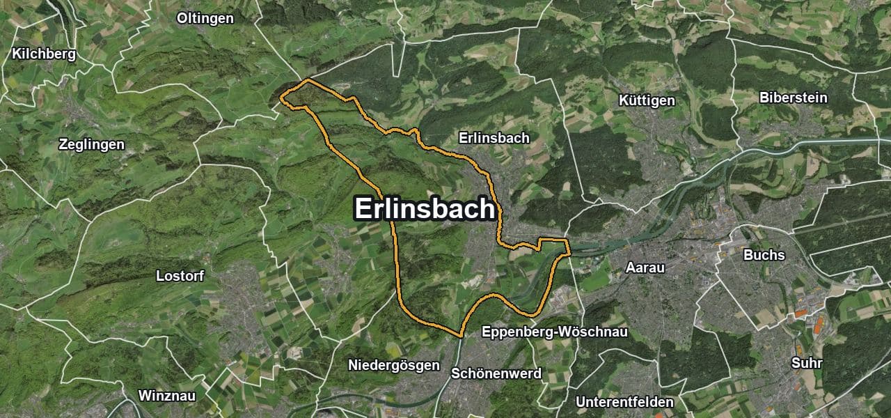 Luftbild von Erlinsbach mit Gemeindegrenze, Nachbargemeinden und Solareignung der Dächer