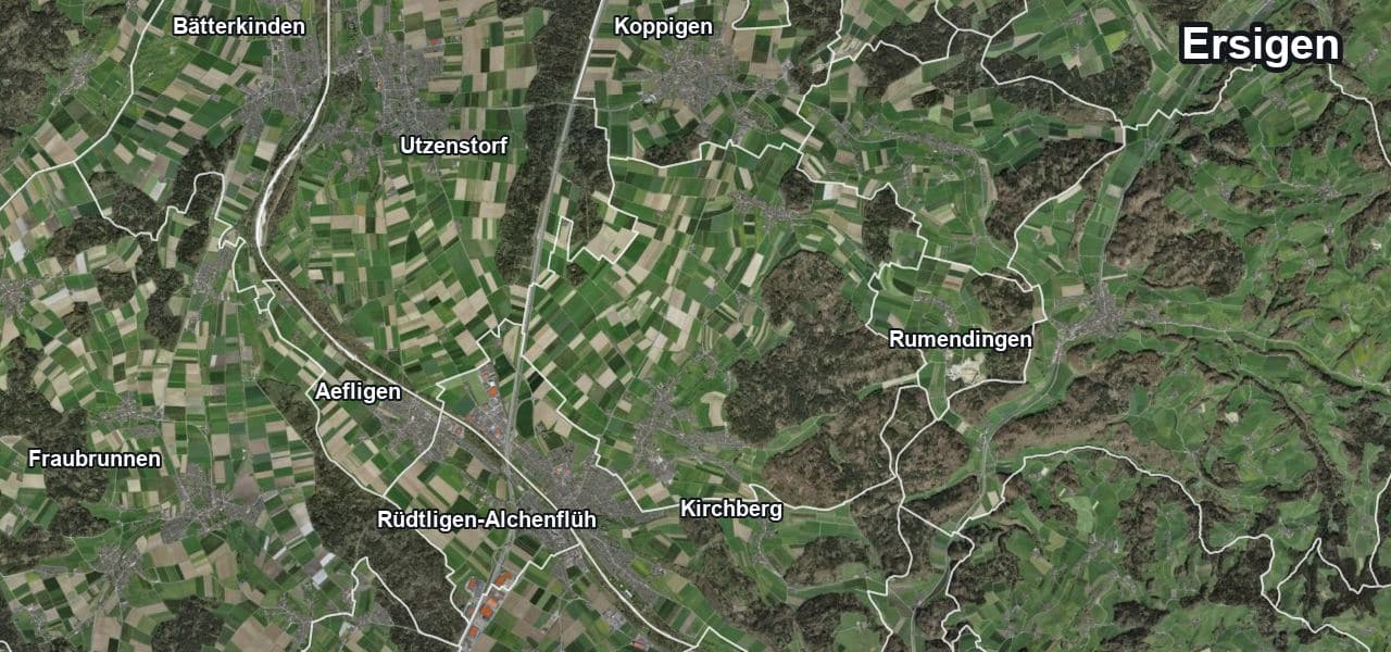 Luftbild von Ersigen mit Gemeindegrenze, Nachbargemeinden und Solareignung der Dächer