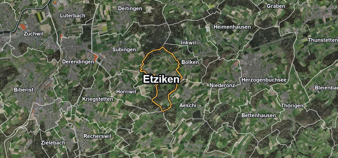 Luftbild von Etziken mit Gemeindegrenze, Nachbargemeinden und Solareignung der Dächer