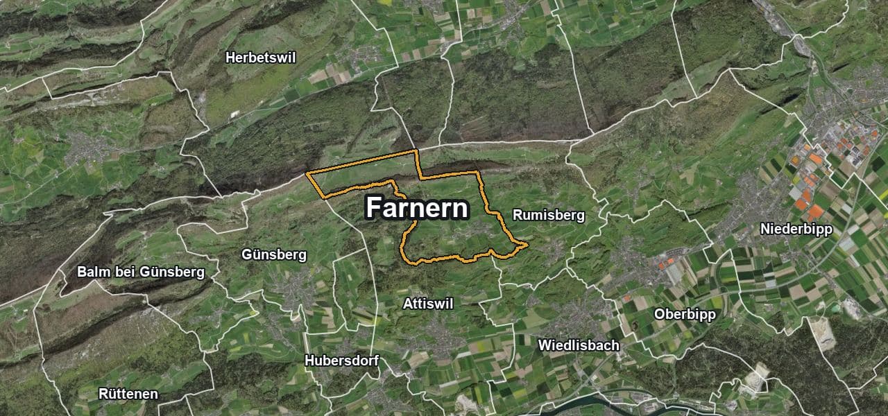 Luftbild von Farnern mit Gemeindegrenze, Nachbargemeinden und Solareignung der Dächer