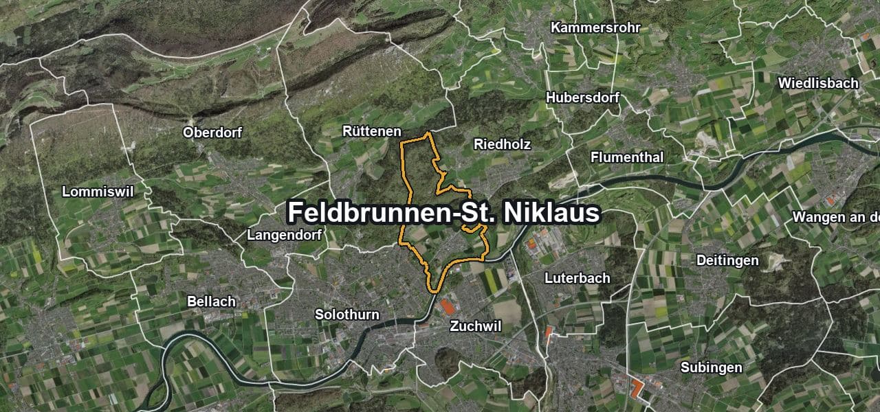Luftbild von Feldbrunnen-St. Niklaus mit Gemeindegrenze, Nachbargemeinden und Solareignung der Dächer