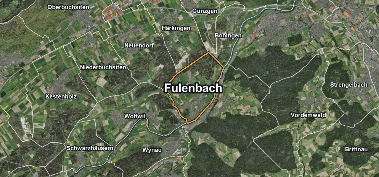 Luftbild von Fulenbach mit Gemeindegrenze, Nachbargemeinden und Solareignung der Dächer