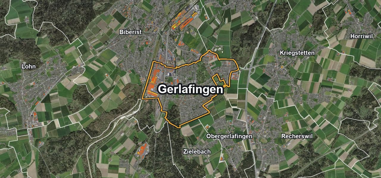 Luftbild von Gerlafingen mit Gemeindegrenze, Nachbargemeinden und Solareignung der Dächer