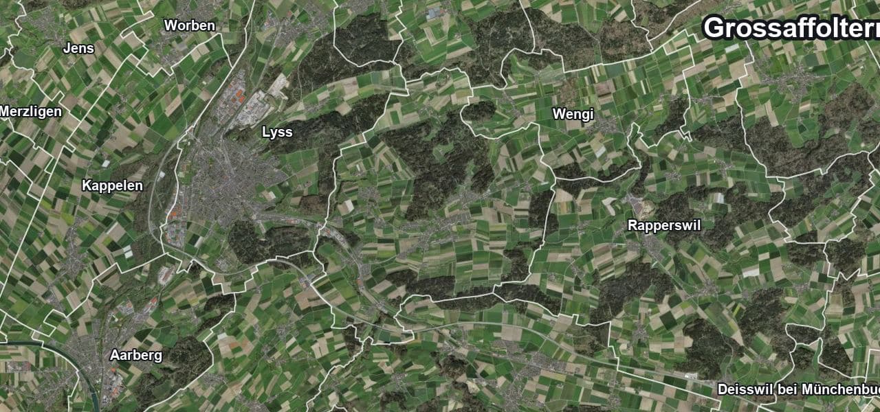 Luftbild von Grossaffoltern mit Gemeindegrenze, Nachbargemeinden und Solareignung der Dächer