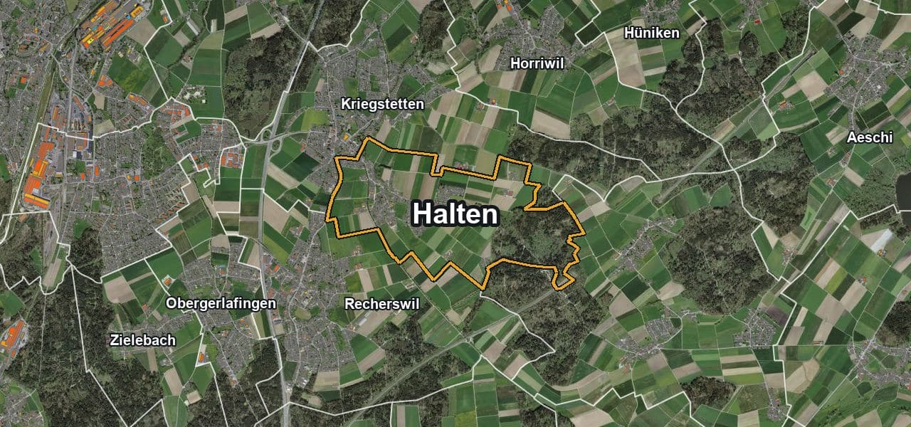 Luftbild von Halten mit Gemeindegrenze, Nachbargemeinden und Solareignung der Dächer